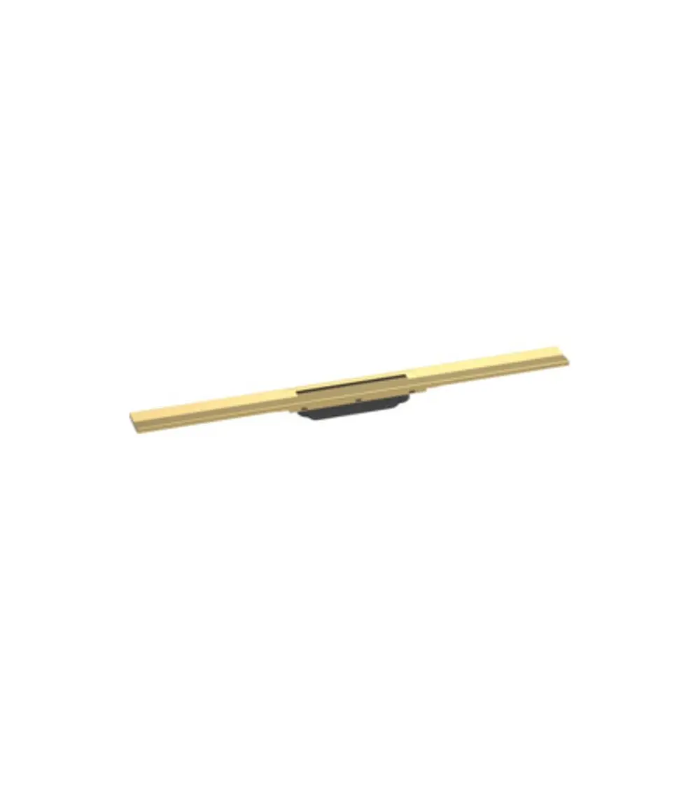 Hansgrohe Duschrinne in Polished Gold Optic, mit zwei langen seitlichen Elementen und einer zentralen Abdeckung. Ideal für den Einbau in Duschen und Nassbereiche.